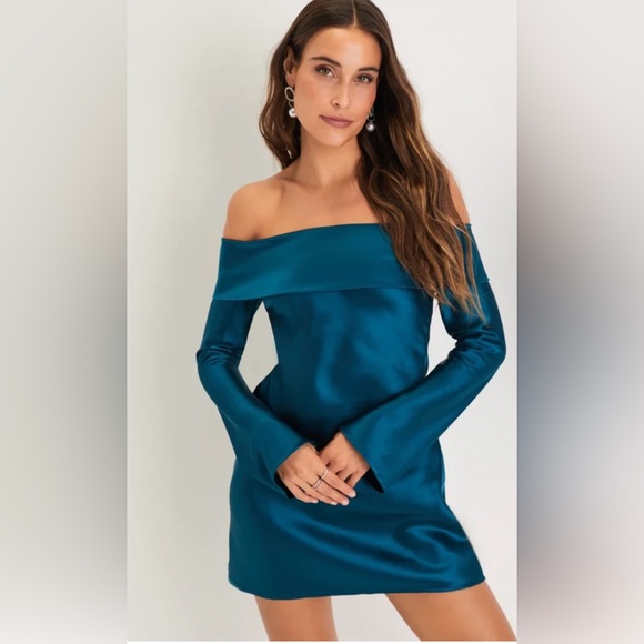 Lulus Dresses & Skirts - Lulu’s Luxurious Vision Teal Satin Off-the-Shoulder Mini Dress